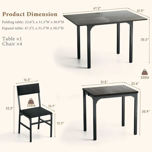 Alt view image 2 of 6 - Dining Table Set for 4, Extendable Kitchen Table Cushion Chairs Set of 4, Rectangle Dining Table with Metal Frame & MDF Board, Folding for Small Apartment Saving Space, Gray