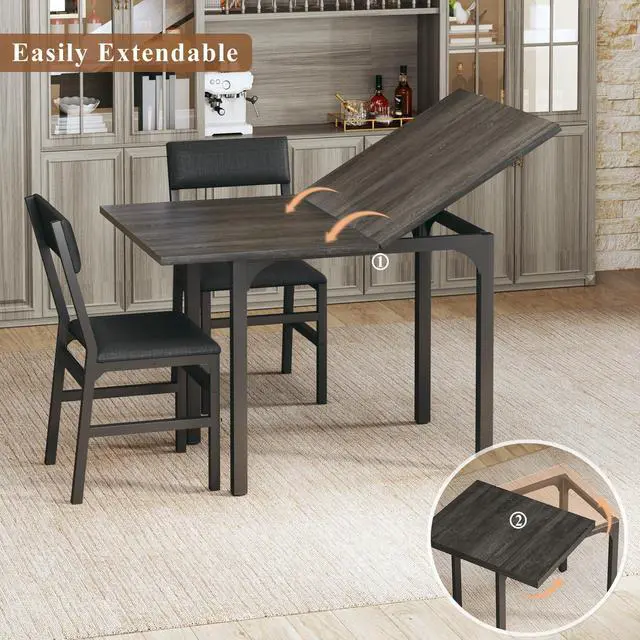 Alt view image 3 of 6 - Dining Table Set for 4, Extendable Kitchen Table Cushion Chairs Set of 4, Rectangle Dining Table with Metal Frame & MDF Board, Folding for Small Apartment Saving Space, Gray