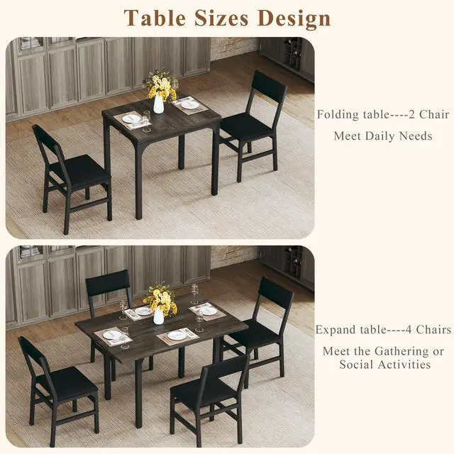 Alt view image 4 of 6 - Dining Table Set for 4, Extendable Kitchen Table Cushion Chairs Set of 4, Rectangle Dining Table with Metal Frame & MDF Board, Folding for Small Apartment Saving Space, Gray