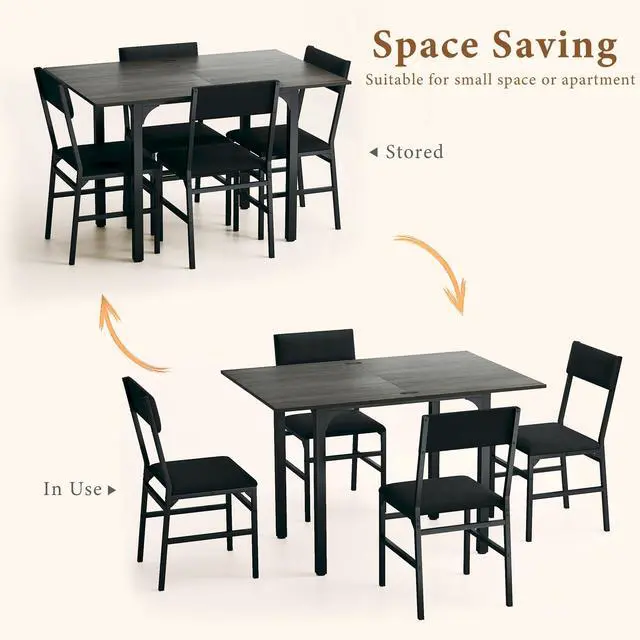 Alt view image 5 of 6 - Dining Table Set for 4, Extendable Kitchen Table Cushion Chairs Set of 4, Rectangle Dining Table with Metal Frame & MDF Board, Folding for Small Apartment Saving Space, Gray