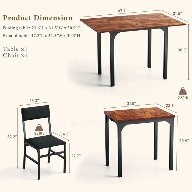 Alt view image 2 of 6 - Dining Table Set for 4, Extendable Kitchen Table Cushion Chairs Set of 4, Rectangle Dining Table with Metal Frame & MDF Board, Folding for Small Apartment Saving Space, Rustic Brown