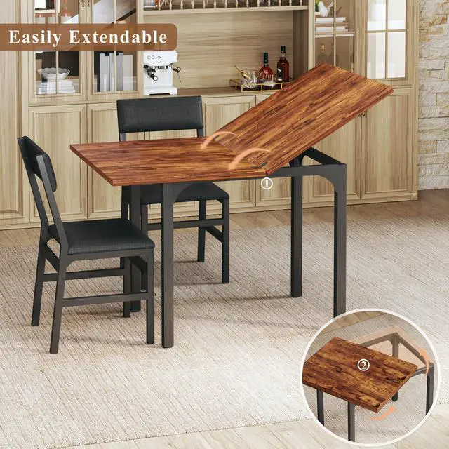 Alt view image 3 of 6 - Dining Table Set for 4, Extendable Kitchen Table Cushion Chairs Set of 4, Rectangle Dining Table with Metal Frame & MDF Board, Folding for Small Apartment Saving Space, Rustic Brown