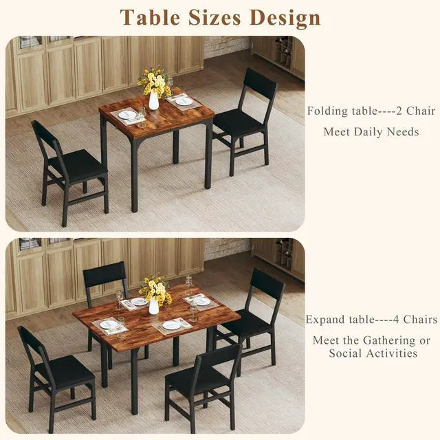 Alt view image 4 of 6 - Dining Table Set for 4, Extendable Kitchen Table Cushion Chairs Set of 4, Rectangle Dining Table with Metal Frame & MDF Board, Folding for Small Apartment Saving Space, Rustic Brown