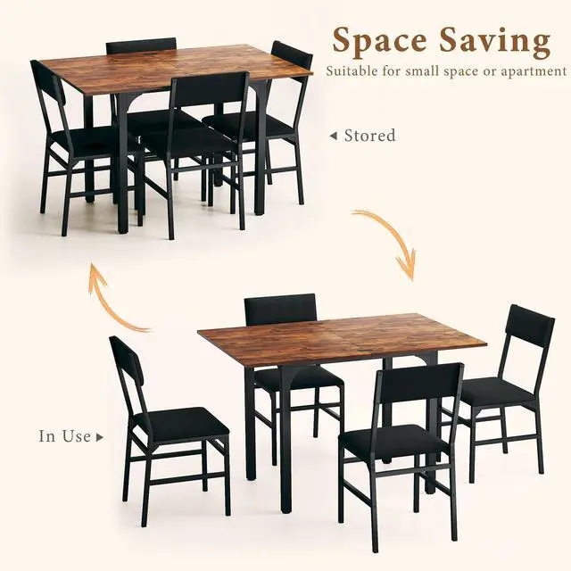 Alt view image 5 of 6 - Dining Table Set for 4, Extendable Kitchen Table Cushion Chairs Set of 4, Rectangle Dining Table with Metal Frame & MDF Board, Folding for Small Apartment Saving Space, Rustic Brown