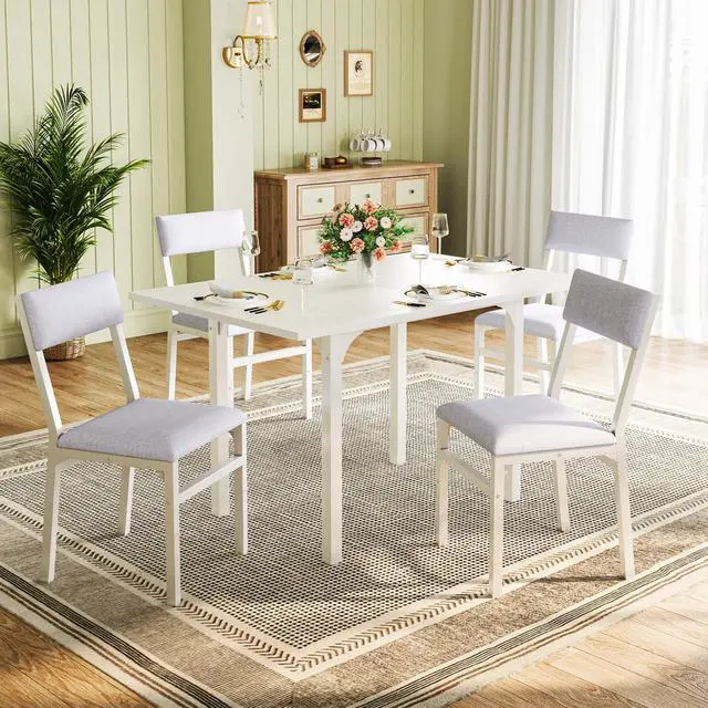 Main image of Dining Table Set for 4, Extendable Kitchen Table Cushion Chairs Set of 4, Rectangle Dining Table with Metal Frame & MDF Board, Folding for Small Apartment Saving Space, White