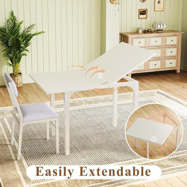 Alt view image 2 of 6 - Dining Table Set for 4, Extendable Kitchen Table Cushion Chairs Set of 4, Rectangle Dining Table with Metal Frame & MDF Board, Folding for Small Apartment Saving Space, White