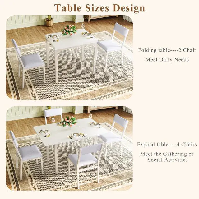 Alt view image 3 of 6 - Dining Table Set for 4, Extendable Kitchen Table Cushion Chairs Set of 4, Rectangle Dining Table with Metal Frame & MDF Board, Folding for Small Apartment Saving Space, White