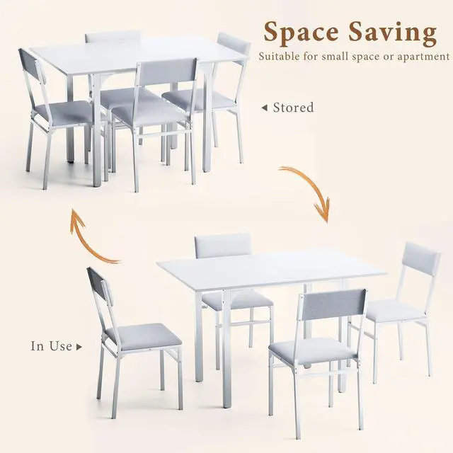 Alt view image 4 of 6 - Dining Table Set for 4, Extendable Kitchen Table Cushion Chairs Set of 4, Rectangle Dining Table with Metal Frame & MDF Board, Folding for Small Apartment Saving Space, White