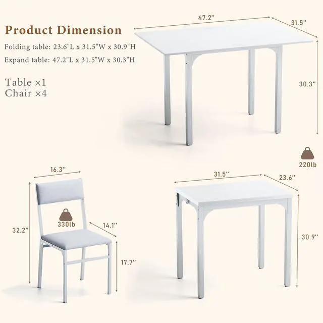 Alt view image 5 of 6 - Dining Table Set for 4, Extendable Kitchen Table Cushion Chairs Set of 4, Rectangle Dining Table with Metal Frame & MDF Board, Folding for Small Apartment Saving Space, White