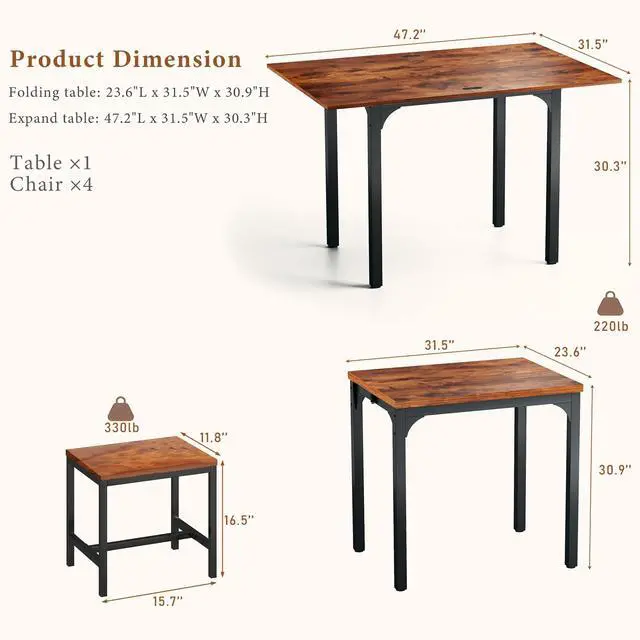 Alt view image 2 of 6 - Dining Table Set for 4, Extendable Kitchen Table Chairs Set of 4, Rectangle Dining Table with Metal Frame & MDF Board, Folding for Small Apartment Saving Space, Rustic Brown