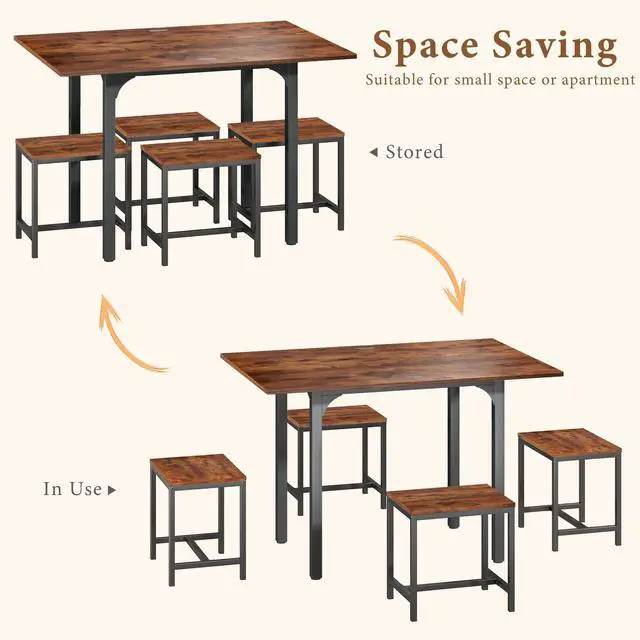 Alt view image 3 of 6 - Dining Table Set for 4, Extendable Kitchen Table Chairs Set of 4, Rectangle Dining Table with Metal Frame & MDF Board, Folding for Small Apartment Saving Space, Rustic Brown
