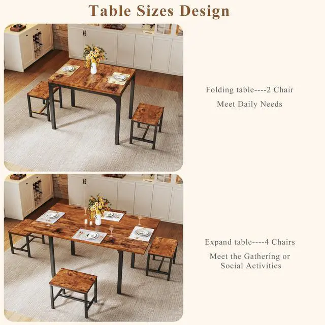 Alt view image 4 of 6 - Dining Table Set for 4, Extendable Kitchen Table Chairs Set of 4, Rectangle Dining Table with Metal Frame & MDF Board, Folding for Small Apartment Saving Space, Rustic Brown