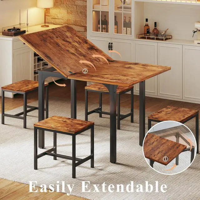 Alt view image 5 of 6 - Dining Table Set for 4, Extendable Kitchen Table Chairs Set of 4, Rectangle Dining Table with Metal Frame & MDF Board, Folding for Small Apartment Saving Space, Rustic Brown