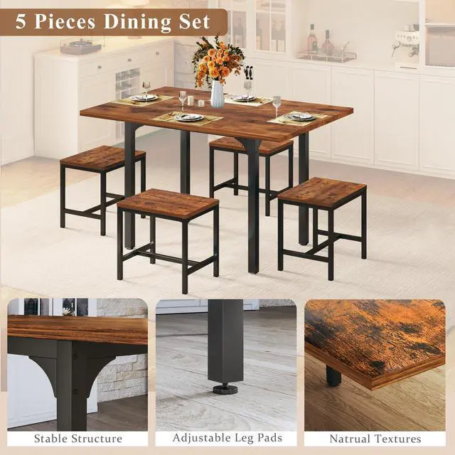 Alt view image 6 of 6 - Dining Table Set for 4, Extendable Kitchen Table Chairs Set of 4, Rectangle Dining Table with Metal Frame & MDF Board, Folding for Small Apartment Saving Space, Rustic Brown