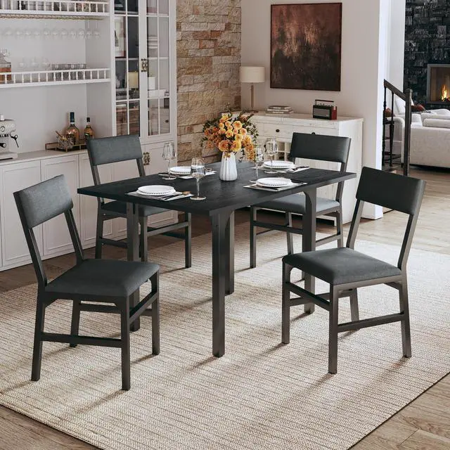 Main image of Dining Table Set for 4, Extendable Kitchen Table Cushion Chairs Set of 4, Rectangle Dining Table with Metal Frame & MDF Board, Folding for Small Apartment Saving Space, Black