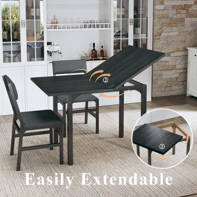 Alt view image 2 of 6 - Dining Table Set for 4, Extendable Kitchen Table Cushion Chairs Set of 4, Rectangle Dining Table with Metal Frame & MDF Board, Folding for Small Apartment Saving Space, Black