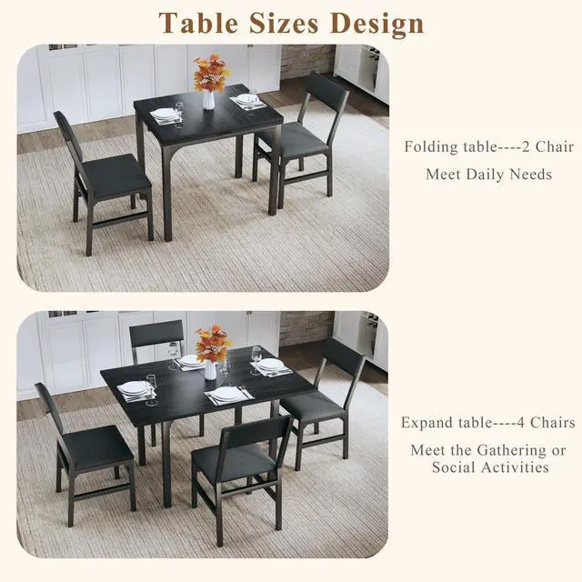 Alt view image 3 of 6 - Dining Table Set for 4, Extendable Kitchen Table Cushion Chairs Set of 4, Rectangle Dining Table with Metal Frame & MDF Board, Folding for Small Apartment Saving Space, Black