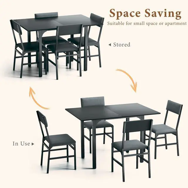 Alt view image 4 of 6 - Dining Table Set for 4, Extendable Kitchen Table Cushion Chairs Set of 4, Rectangle Dining Table with Metal Frame & MDF Board, Folding for Small Apartment Saving Space, Black
