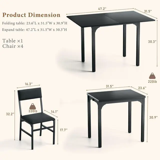 Alt view image 5 of 6 - Dining Table Set for 4, Extendable Kitchen Table Cushion Chairs Set of 4, Rectangle Dining Table with Metal Frame & MDF Board, Folding for Small Apartment Saving Space, Black