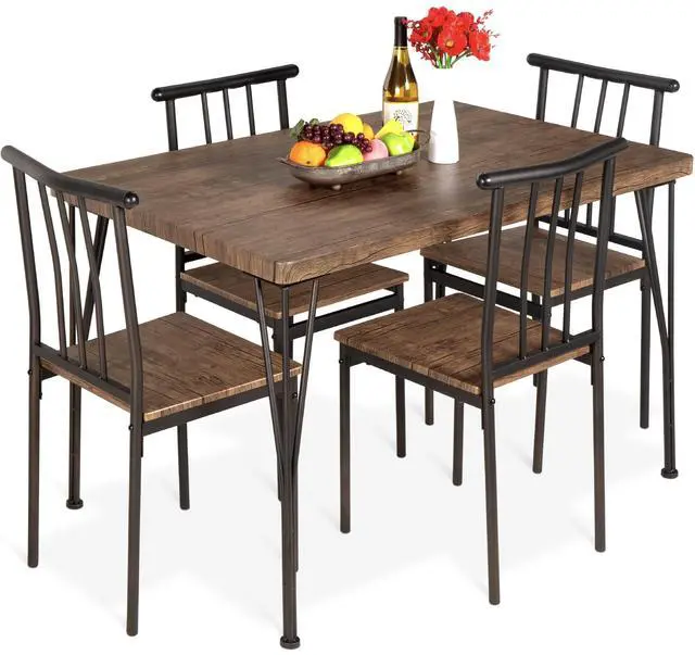 Main image of 5-Piece Metal and Wood Indoor Modern Rectangular Dining Table Furniture Set for Kitchen, Dining Room, Dinette, Breakfast Nook w/ 4 Chairs - Drift Brown
