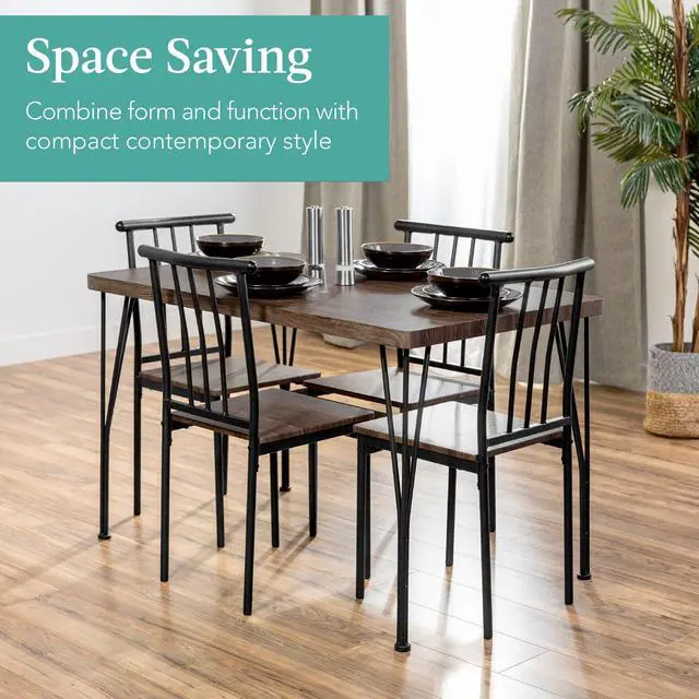 Alt view image 2 of 6 - 5-Piece Metal and Wood Indoor Modern Rectangular Dining Table Furniture Set for Kitchen, Dining Room, Dinette, Breakfast Nook w/ 4 Chairs - Drift Brown