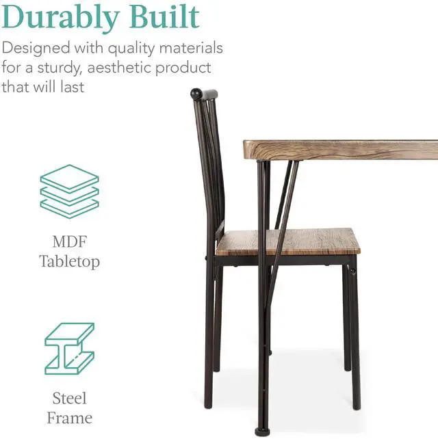 Alt view image 4 of 6 - 5-Piece Metal and Wood Indoor Modern Rectangular Dining Table Furniture Set for Kitchen, Dining Room, Dinette, Breakfast Nook w/ 4 Chairs - Drift Brown