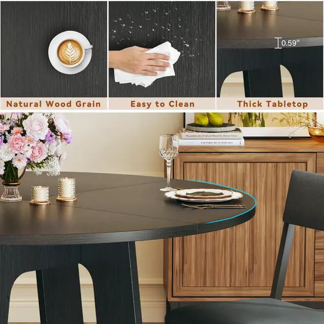 Alt view image 2 of 6 - Round Dining Table Set for 4, 5-Piece Kitchen Table and Chairs for 4, 47'' Round Dining Room Table Set with 4 Chairs, Space Saving Dining Table with Wood Base for Kitchen, Living Room, Black