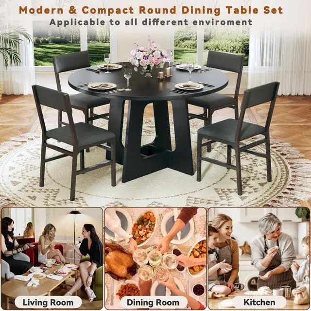 Alt view image 5 of 6 - Round Dining Table Set for 4, 5-Piece Kitchen Table and Chairs for 4, 47'' Round Dining Room Table Set with 4 Chairs, Space Saving Dining Table with Wood Base for Kitchen, Living Room, Black