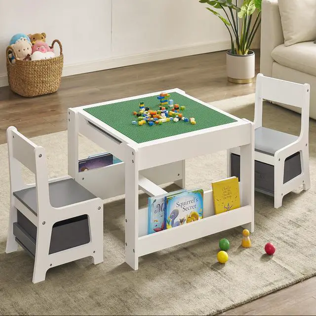 Main image of Kids Table and Chair Set, 3 in 1 Wooden Activity Table with Storage Drawer for Toddlers Drawing, Reading, Crafts, 2 in 1 Detachable Tabletop Table Set for Nursery, Playroom (Gray & White)