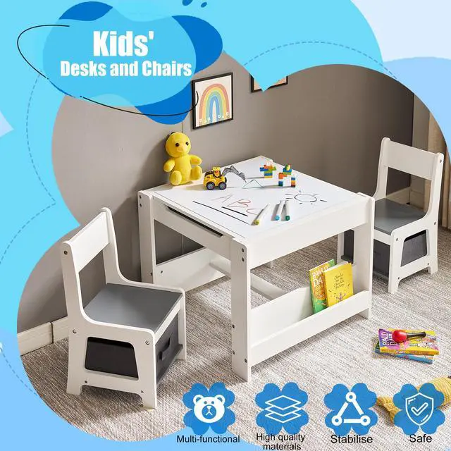 Alt view image 2 of 6 - Kids Table and Chair Set, 3 in 1 Wooden Activity Table with Storage Drawer for Toddlers Drawing, Reading, Crafts, 2 in 1 Detachable Tabletop Table Set for Nursery, Playroom (Gray & White)