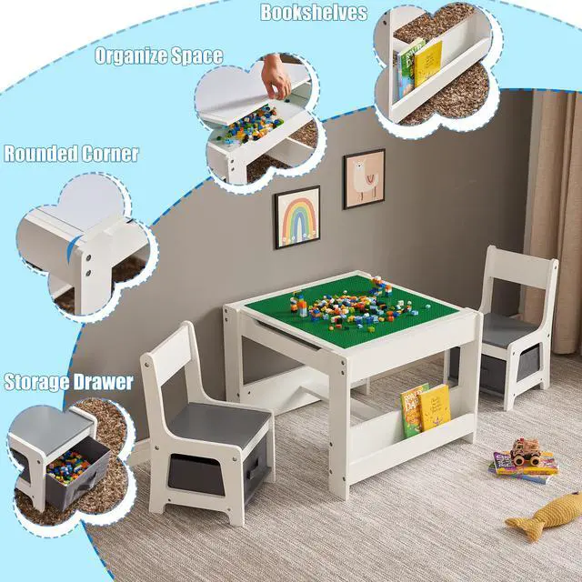 Alt view image 3 of 6 - Kids Table and Chair Set, 3 in 1 Wooden Activity Table with Storage Drawer for Toddlers Drawing, Reading, Crafts, 2 in 1 Detachable Tabletop Table Set for Nursery, Playroom (Gray & White)
