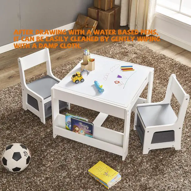 Alt view image 4 of 6 - Kids Table and Chair Set, 3 in 1 Wooden Activity Table with Storage Drawer for Toddlers Drawing, Reading, Crafts, 2 in 1 Detachable Tabletop Table Set for Nursery, Playroom (Gray & White)