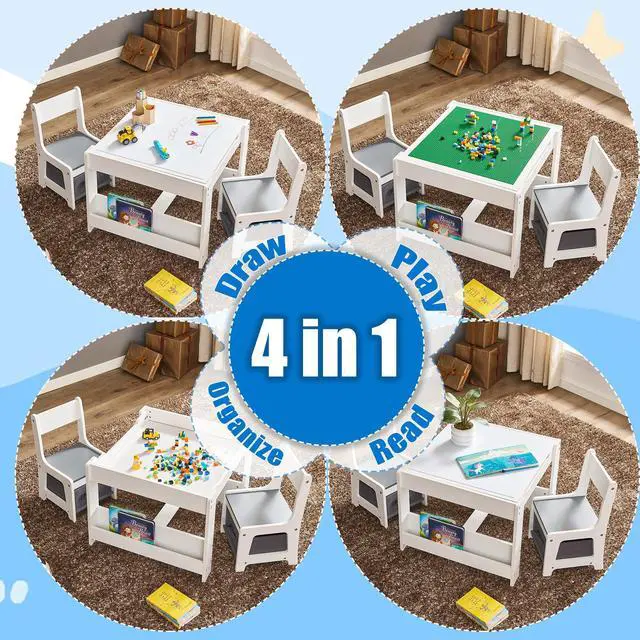 Alt view image 5 of 6 - Kids Table and Chair Set, 3 in 1 Wooden Activity Table with Storage Drawer for Toddlers Drawing, Reading, Crafts, 2 in 1 Detachable Tabletop Table Set for Nursery, Playroom (Gray & White)