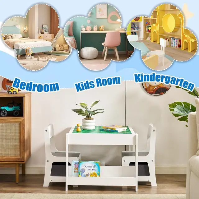 Alt view image 6 of 6 - Kids Table and Chair Set, 3 in 1 Wooden Activity Table with Storage Drawer for Toddlers Drawing, Reading, Crafts, 2 in 1 Detachable Tabletop Table Set for Nursery, Playroom (Gray & White)