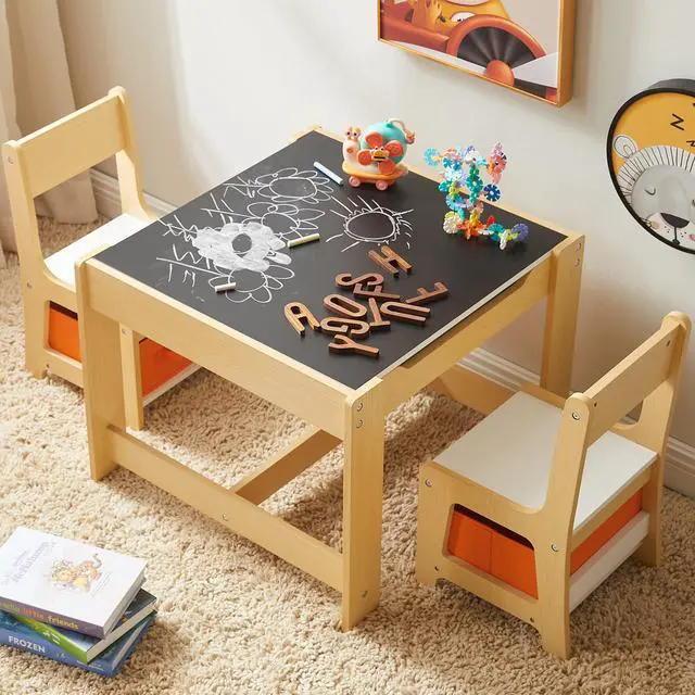 Main image of Kids Table and Chair Set, 3 in 1 Wooden Activity Table with Storage Drawer for Toddlers Drawing, Reading, Crafts, 2 in 1 Detachable Tabletop Table Set for Nursery, Playroom (Natural)