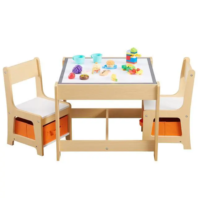 Alt view image 2 of 6 - Kids Table and Chair Set, 3 in 1 Wooden Activity Table with Storage Drawer for Toddlers Drawing, Reading, Crafts, 2 in 1 Detachable Tabletop Table Set for Nursery, Playroom (Natural)