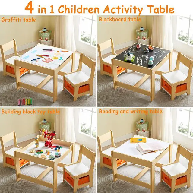Alt view image 3 of 6 - Kids Table and Chair Set, 3 in 1 Wooden Activity Table with Storage Drawer for Toddlers Drawing, Reading, Crafts, 2 in 1 Detachable Tabletop Table Set for Nursery, Playroom (Natural)