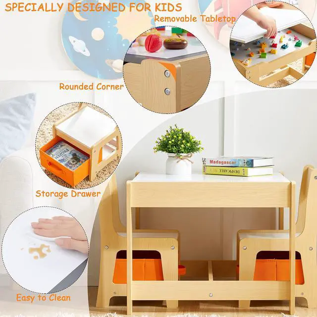 Alt view image 4 of 6 - Kids Table and Chair Set, 3 in 1 Wooden Activity Table with Storage Drawer for Toddlers Drawing, Reading, Crafts, 2 in 1 Detachable Tabletop Table Set for Nursery, Playroom (Natural)