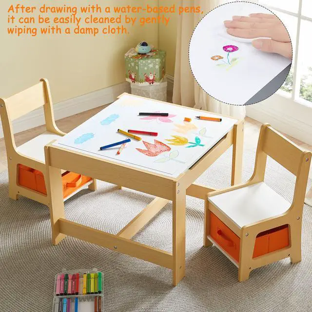 Alt view image 5 of 6 - Kids Table and Chair Set, 3 in 1 Wooden Activity Table with Storage Drawer for Toddlers Drawing, Reading, Crafts, 2 in 1 Detachable Tabletop Table Set for Nursery, Playroom (Natural)