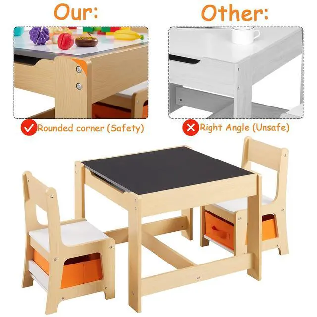 Alt view image 6 of 6 - Kids Table and Chair Set, 3 in 1 Wooden Activity Table with Storage Drawer for Toddlers Drawing, Reading, Crafts, 2 in 1 Detachable Tabletop Table Set for Nursery, Playroom (Natural)