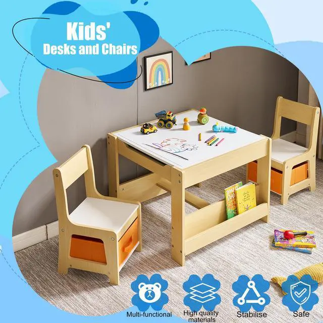 Alt view image 2 of 6 - Kids Table and Chair Set, 3 in 1 Wooden Activity Table with Storage Drawer for Toddlers Drawing, Reading, Crafts, 2 in 1 Detachable Tabletop Table Set for Nursery, Playroom (Natural & White)