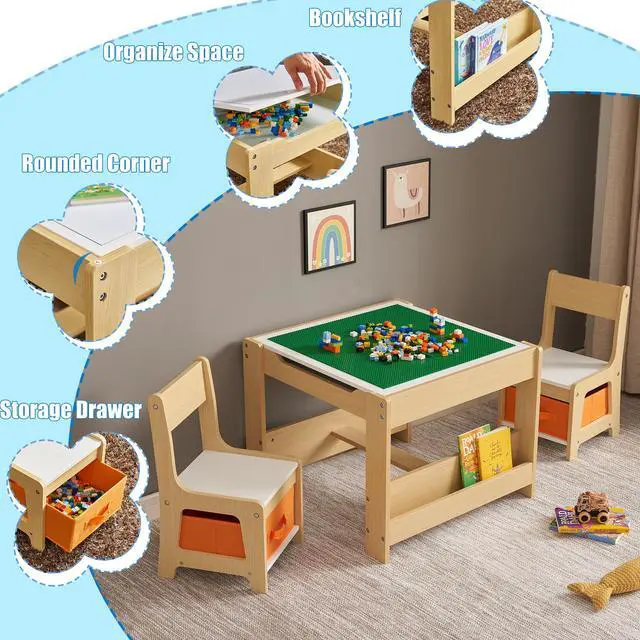 Alt view image 3 of 6 - Kids Table and Chair Set, 3 in 1 Wooden Activity Table with Storage Drawer for Toddlers Drawing, Reading, Crafts, 2 in 1 Detachable Tabletop Table Set for Nursery, Playroom (Natural & White)