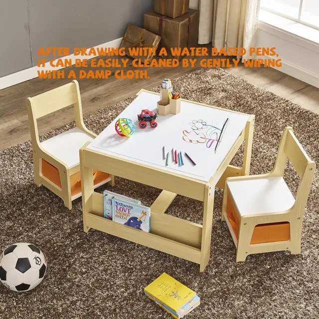 Alt view image 4 of 6 - Kids Table and Chair Set, 3 in 1 Wooden Activity Table with Storage Drawer for Toddlers Drawing, Reading, Crafts, 2 in 1 Detachable Tabletop Table Set for Nursery, Playroom (Natural & White)