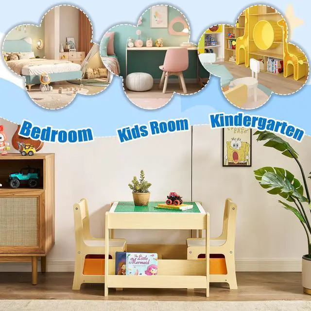 Alt view image 5 of 6 - Kids Table and Chair Set, 3 in 1 Wooden Activity Table with Storage Drawer for Toddlers Drawing, Reading, Crafts, 2 in 1 Detachable Tabletop Table Set for Nursery, Playroom (Natural & White)