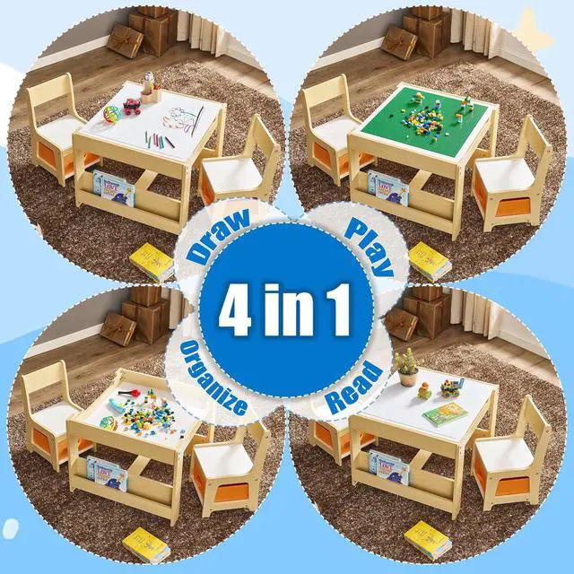 Alt view image 6 of 6 - Kids Table and Chair Set, 3 in 1 Wooden Activity Table with Storage Drawer for Toddlers Drawing, Reading, Crafts, 2 in 1 Detachable Tabletop Table Set for Nursery, Playroom (Natural & White)