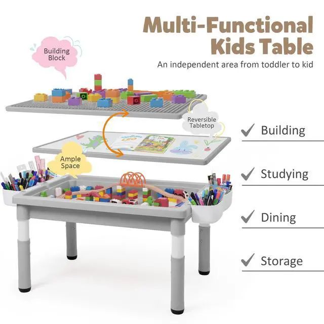 Alt view image 2 of 6 - Kids Table and Chairs Set Large Storage, Height Adjustable Toddler Activity Table and 2 Chairs Set, 34.6x24.8" Graffiti/Block Building Desktop, 4 Side Boxes, Kids desk for Home, Preschool, Classroom