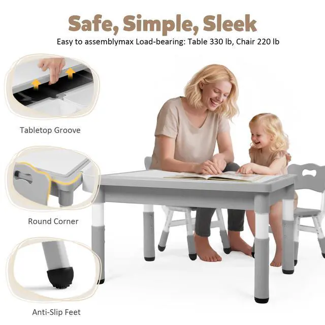 Alt view image 5 of 6 - Kids Table and Chairs Set Large Storage, Height Adjustable Toddler Activity Table and 2 Chairs Set, 34.6x24.8" Graffiti/Block Building Desktop, 4 Side Boxes, Kids desk for Home, Preschool, Classroom