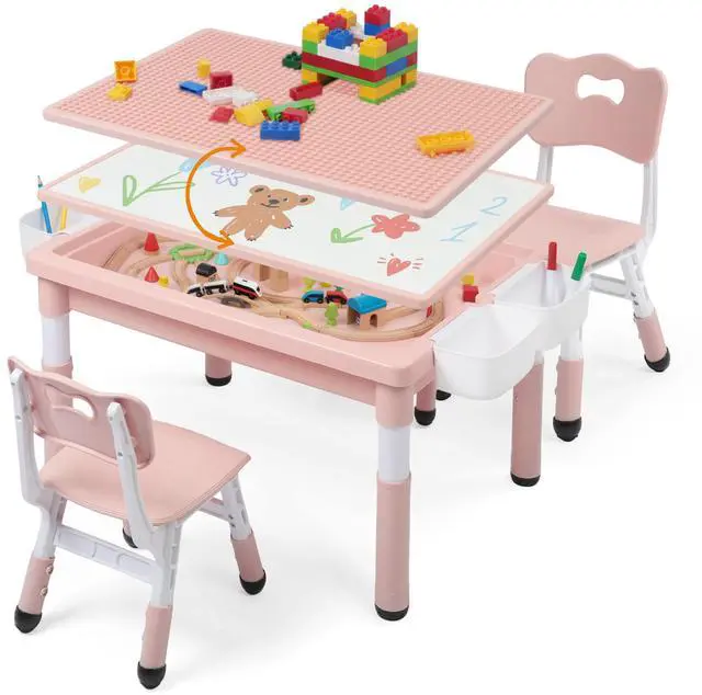 Main image of Kids Table and Chairs Set Large Storage, Height Adjustable Toddler Activity Table and 2 Chairs Set, 34.6x24.8" Graffiti/Block Building Desktop, 4 Side Boxes, Kids desk for Home, Preschool, Classroom
