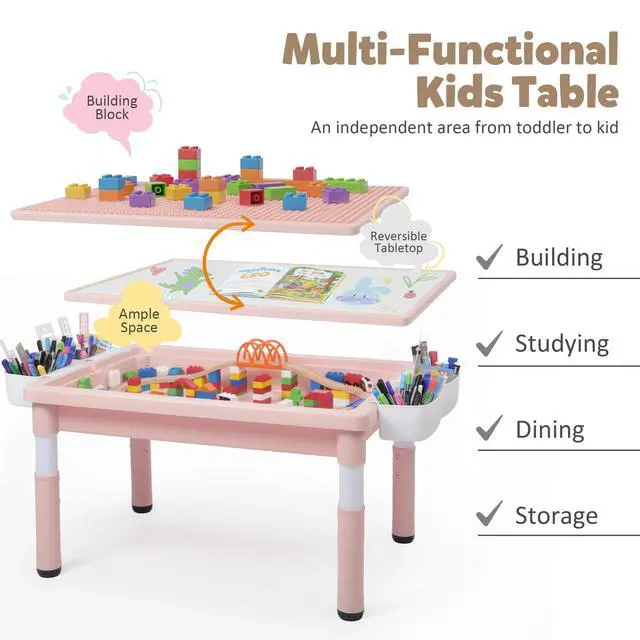 Alt view image 2 of 6 - Kids Table and Chairs Set Large Storage, Height Adjustable Toddler Activity Table and 2 Chairs Set, 34.6x24.8" Graffiti/Block Building Desktop, 4 Side Boxes, Kids desk for Home, Preschool, Classroom