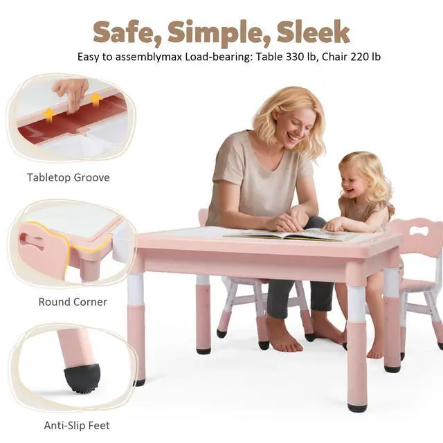 Alt view image 5 of 6 - Kids Table and Chairs Set Large Storage, Height Adjustable Toddler Activity Table and 2 Chairs Set, 34.6x24.8" Graffiti/Block Building Desktop, 4 Side Boxes, Kids desk for Home, Preschool, Classroom